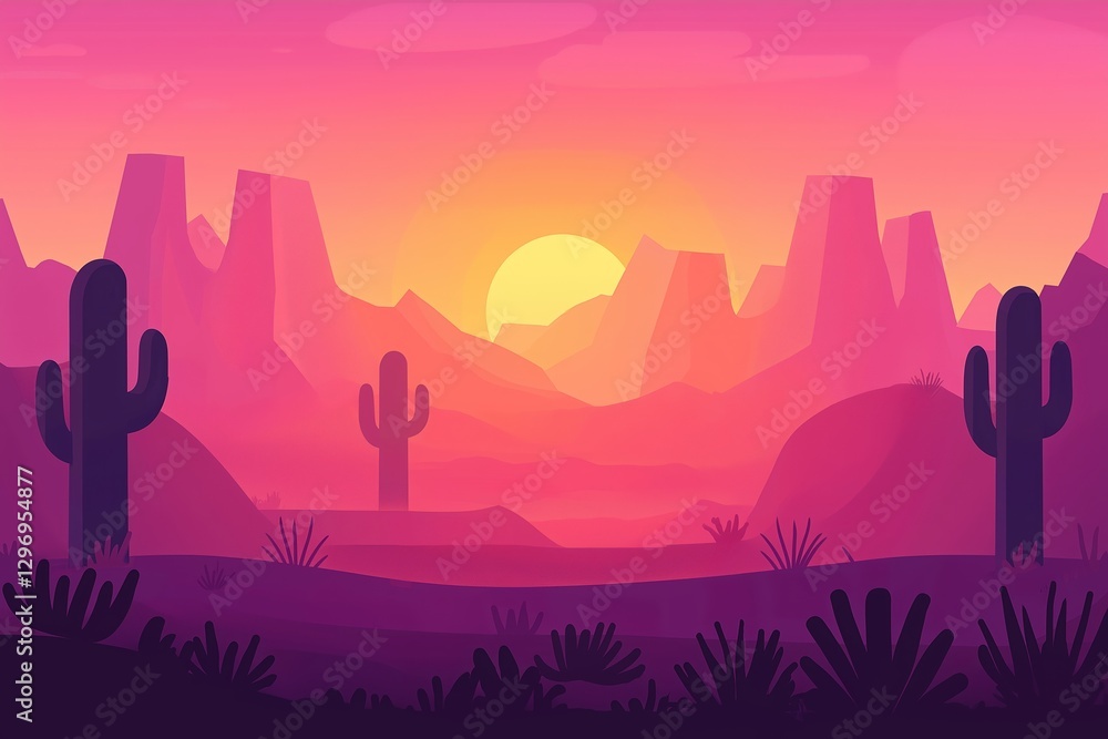 Fototapeta premium Vibrant desert with cacti and sun at sunset, perfect for celebrating world tourism day. Concept highlights stunning desert with cacti and sun, showcasing natural beauty