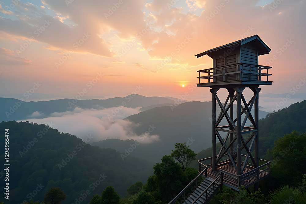 A wooden observation tower stands tall above a misty cloud forest at sunrise, surrounded by rolling hills and soft light, creating a tranquil and serene landscape A wooden observation tower stands tall above a misty cloud forest at sunrise, surrounded by rolling hills and soft light, creating a tranquil and serene landscape