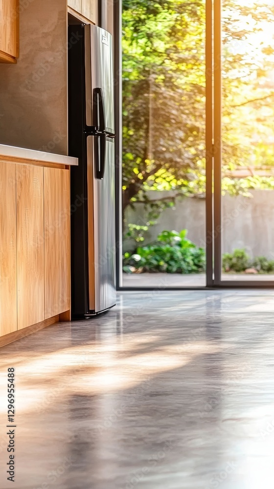 Fototapeta premium Bright, modern kitchen interior with a window overlooking a garden space