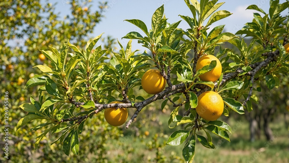 Vibrant citrus tree branch with green leaves and ripe yellow lemons in a sunny orchard setting Vibrant citrus tree branch with green leaves and ripe yellow lemons in a sunny orchard setting