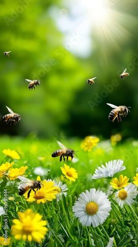 Bees Hovering Above Wildflowers in Sunny Spring Meadow