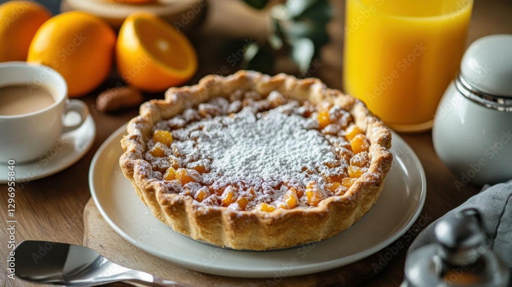 Closeup of the pie that is served with coffee and orange juice for a dessert. Closeup of the pie that is served with coffee and orange juice for a dessert.