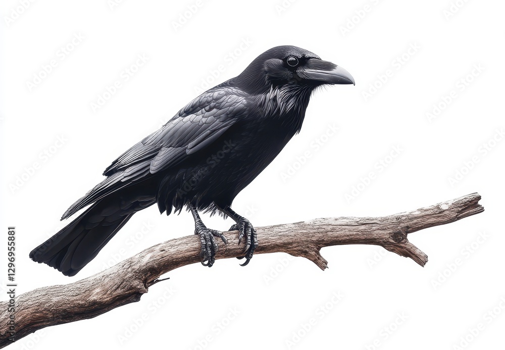 Fototapeta premium Striking Image of a Raven Perched on a Branch Against a Bright White Background, Showcasing Its Gleaming Black Feathers and Sharp Beak