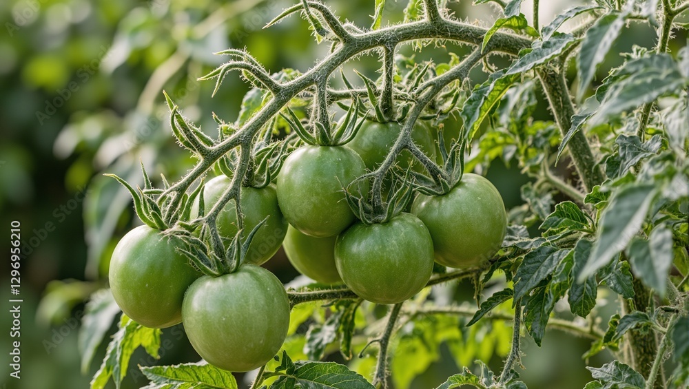 Lush tomato vine with ripe green tomatoes and vibrant leaves in a garden setting