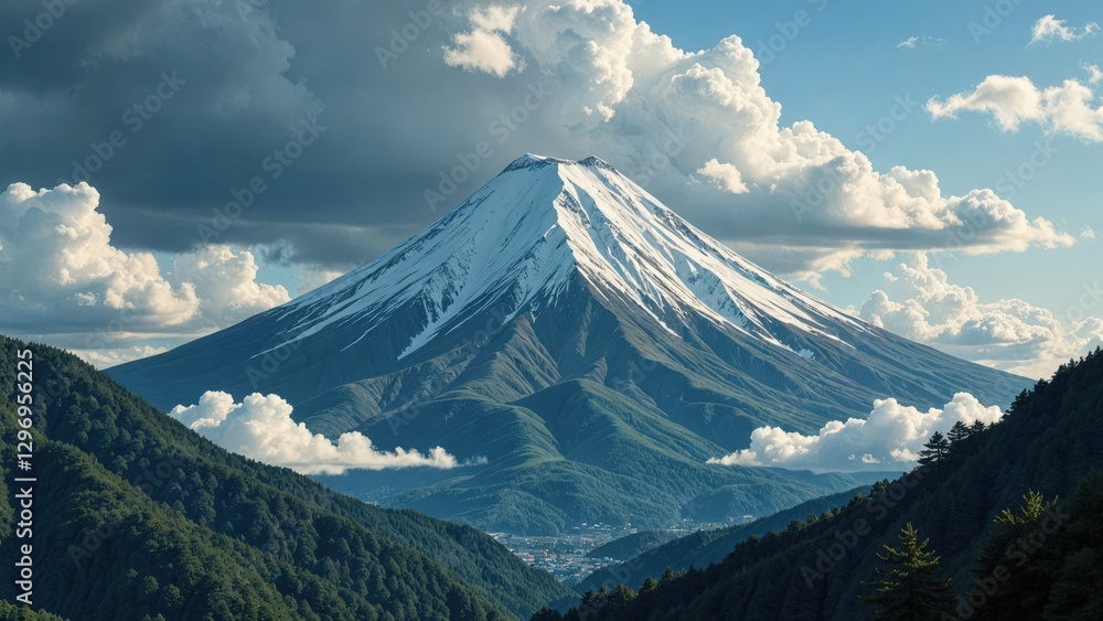 Majestic snow-capped mountain peak surrounded by fluffy clouds and lush green forests. A stunning natural landscape. Majestic snow-capped mountain peak surrounded by fluffy clouds and lush green forests. A stunning natural landscape.