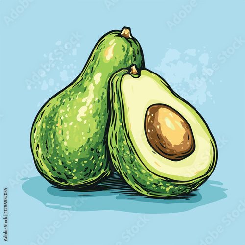 Avocado : Fresh Whole And Half Avocado. Whole and half avocado vector Isolated fresh avocado svg. Half avocado with seed vector illustration design. Art & Illustration