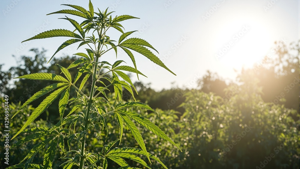 Fototapeta premium Vibrant cannabis plant basking in sunlight surrounded by a lush garden Ideal for wellness nature or herbal concepts