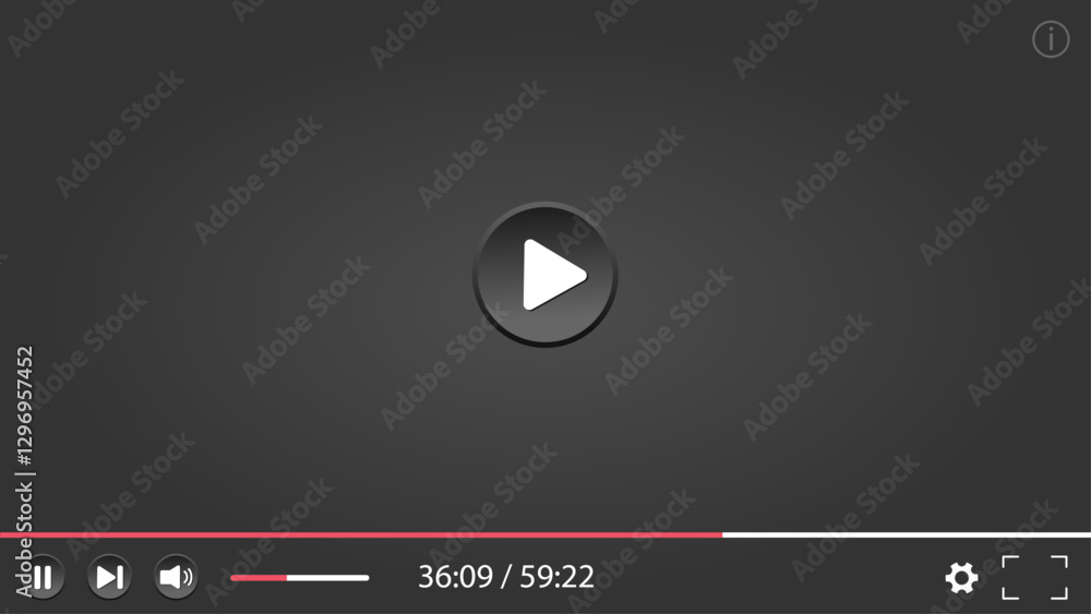 Classic simple media player in dark theme. Format 16:9 design template for web and mobile apps flat style. Mockup. Vector illustration Classic simple media player in dark theme. Format 16:9 design template for web and mobile apps flat style. Mockup. Vector illustration