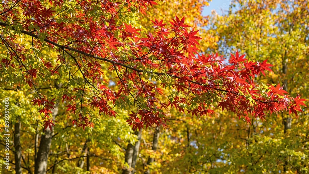 Tranquil autumn scene vivid red maple branch with green leaves turning to red set against vibrant fall foliage in a serene forest setting Tranquil autumn scene vivid red maple branch with green leaves turning to red set against vibrant fall foliage in a serene forest setting