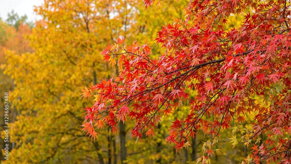 Tranquil autumn scene vivid red maple branch with green leaves turning to red set against vibrant fall foliage in a serene forest setting Tranquil autumn scene vivid red maple branch with green leaves turning to red set against vibrant fall foliage in a serene forest setting