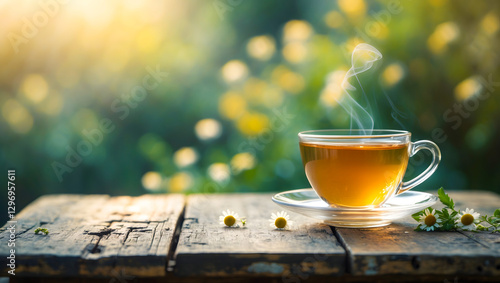 Cup of tea with Chamomile leaves around it on a vintage rustic table. Close-up view of Chamomile tea on a blurry garden background with morning sunlight. AI-Generated