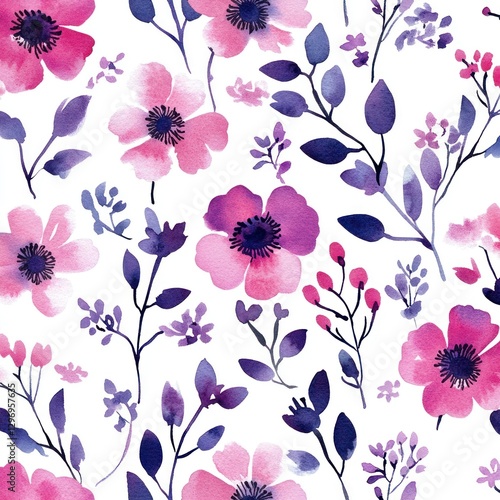 Wallpaper Mural Watercolor floral seamless pattern, soft pinks and purples on white background, perfect for fabric or wrapping paper Torontodigital.ca
