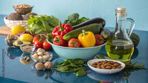 Mediterranean Diet: Vegetables, fruits, nuts, legumes, whole grain products, olive oil, fish, seafood, white meat. Perfect for fitness websites and blogs.