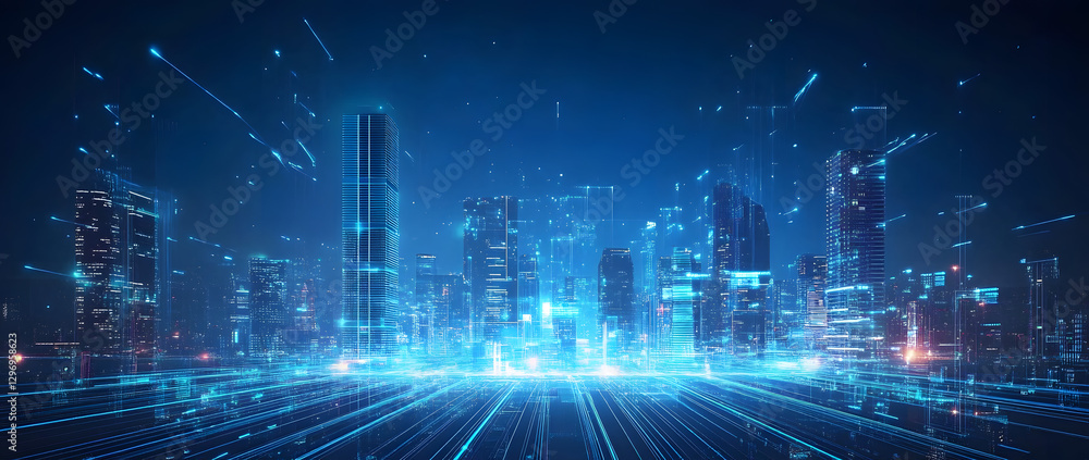 Futuristic city skyline with glowing digital lines in a blue background. Futuristic city skyline with glowing digital lines in a blue background.
