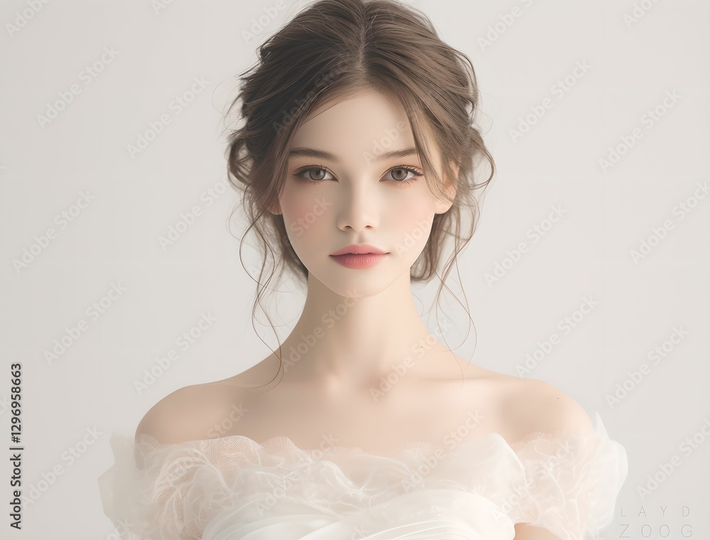 Soft lighting highlights a beautiful woman with delicate makeup and exquisite facial features on a clean white background, conveying elegance, and minimalist aesthetic in portrait photography. Soft lighting highlights a beautiful woman with delicate makeup and exquisite facial features on a clean white background, conveying elegance, and minimalist aesthetic in portrait photography.