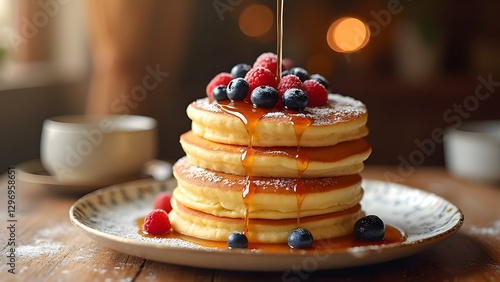 Fluffy Japanese soufflé pancakes with maple syrup and fresh berries.