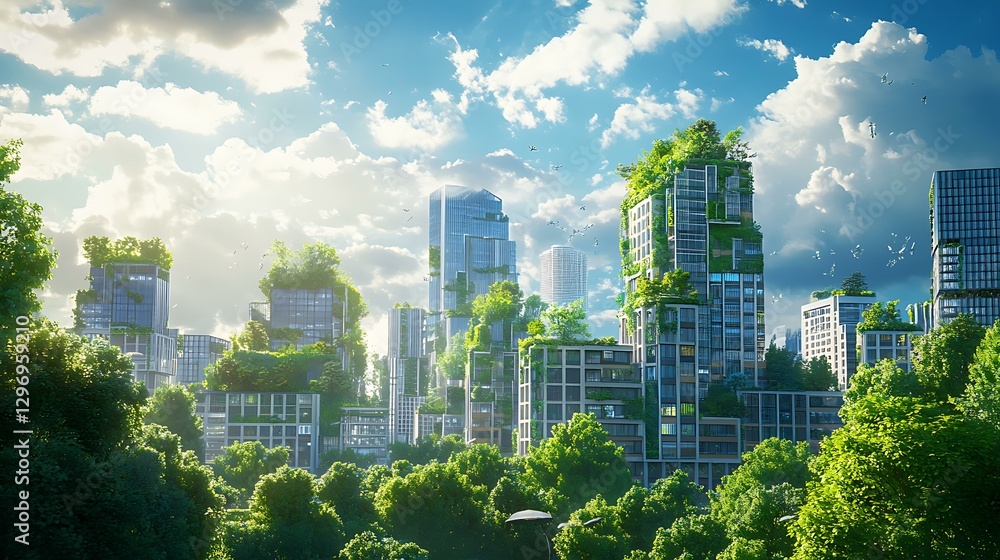 Obraz premium Future of green business, smart city with sustainable infrastructure, clean energy, and eco-technology, illustration