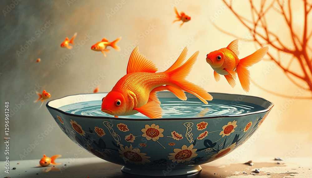 Goldfish swimming gracefully in an ornate bowl with a vibrant backdrop