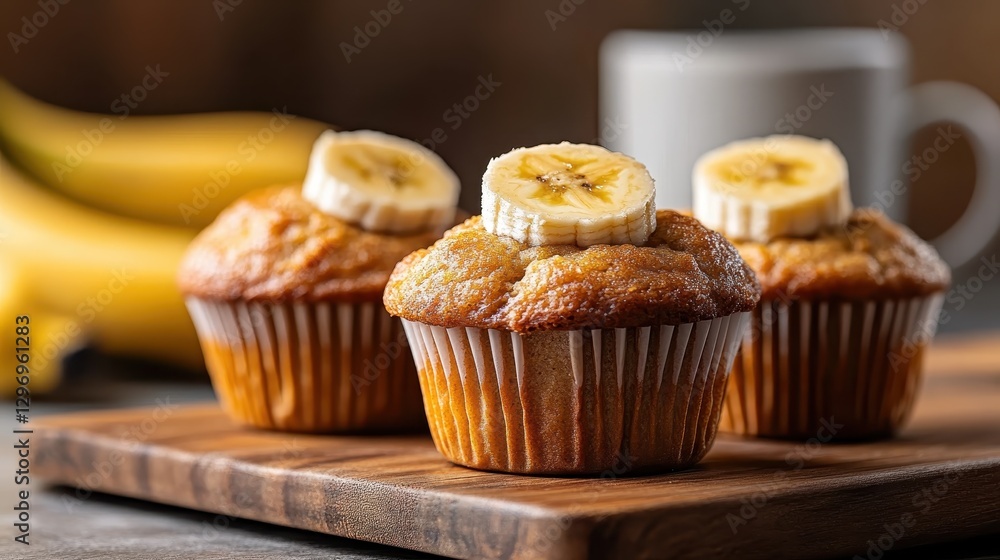 An appetizing arrangement of banana muffins topped with fresh banana slices, set against a wooden background, inviting a warm and homely feeling of comfort and indulgence. An appetizing arrangement of banana muffins topped with fresh banana slices, set against a wooden background, inviting a warm and homely feeling of comfort and indulgence.
