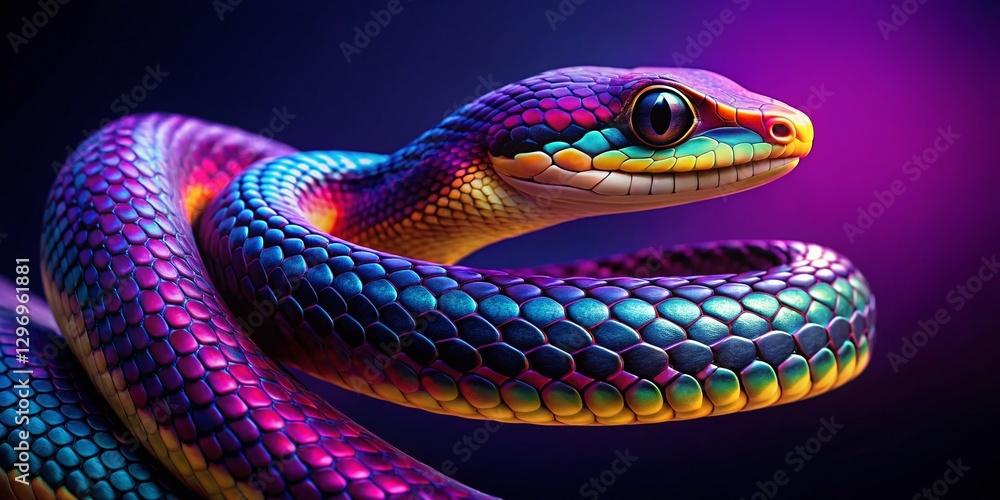 Obraz premium Vivid Neon Gradient Snake, Colorful Reptile, Dark Purple Background, Reptile Pattern, Stock Photo