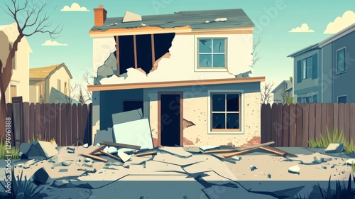 Cartoon style abandoned two-story house with broken windows and collapsed roof