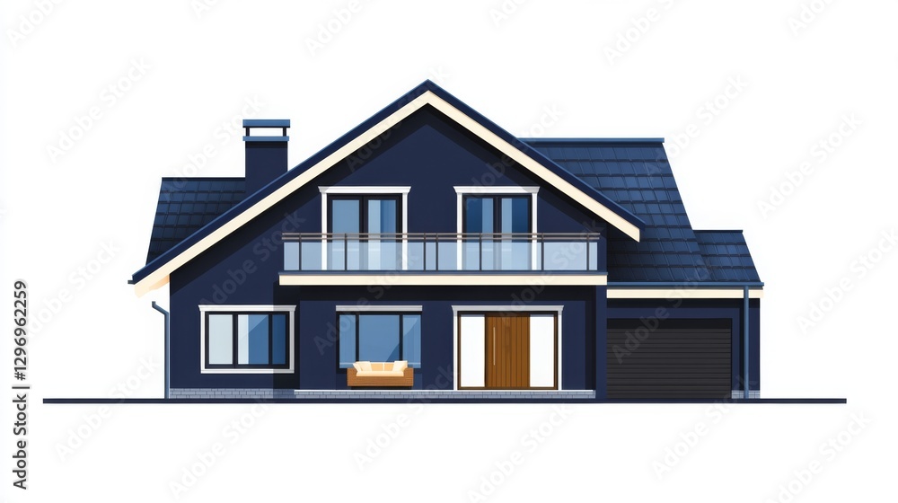 Modern blue two-story house with large windows and garage Modern blue two-story house with large windows and garage