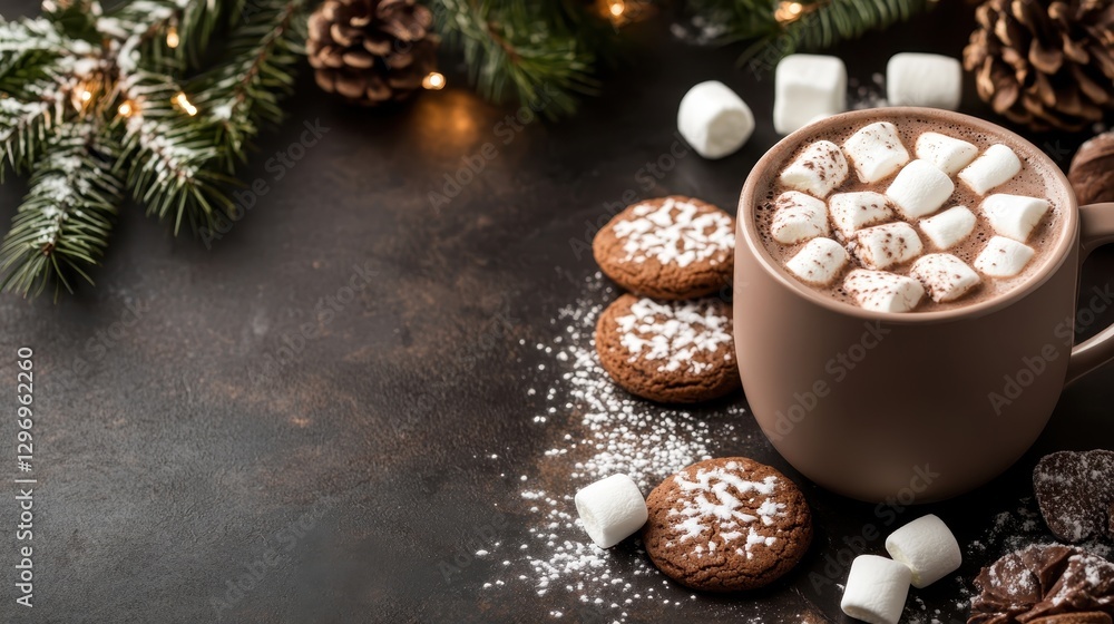 A warm cup of hot chocolate surrounded by delightful cookies and pinecones evokes a cozy atmosphere perfect for winter gatherings and festive celebrations. A warm cup of hot chocolate surrounded by delightful cookies and pinecones evokes a cozy atmosphere perfect for winter gatherings and festive celebrations.
