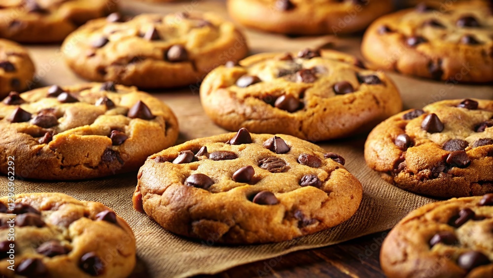 Warm, Gooey Chocolate Chip Cookies Fresh from the Oven on Baking Sheet Warm, Gooey Chocolate Chip Cookies Fresh from the Oven on Baking Sheet