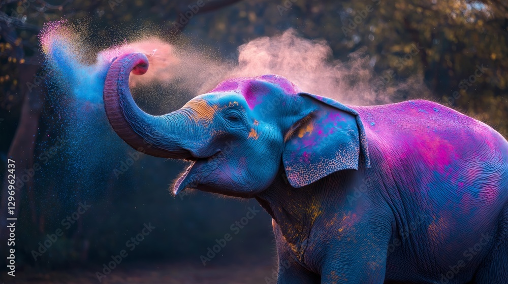 Obraz premium Colorful elephant celebrating Holi festival with vibrant powder in nature