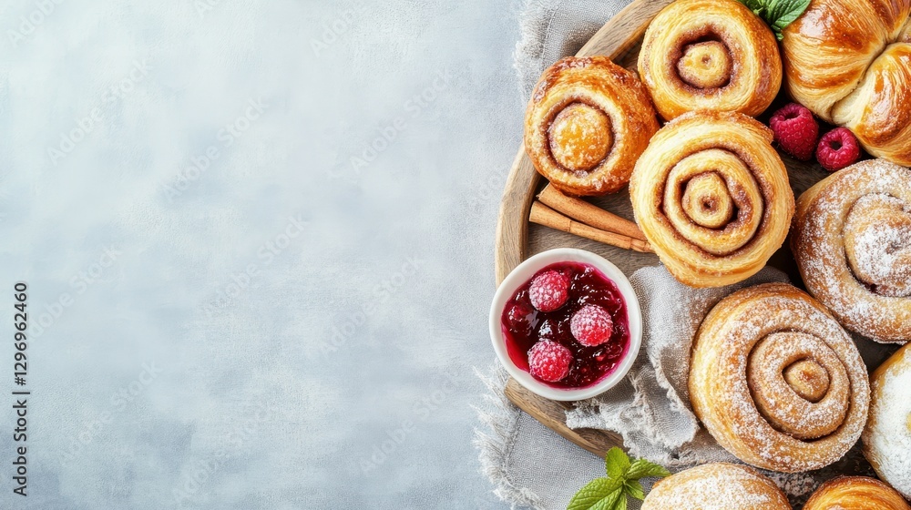 Warm Bakery Delights: a vibrant, overhead shot of a wooden tray, brimming with an array of warm, freshly baked pastries including classic cinnamon rolls, offering a sensory feast. Warm Bakery Delights: a vibrant, overhead shot of a wooden tray, brimming with an array of warm, freshly baked pastries including classic cinnamon rolls, offering a sensory feast.