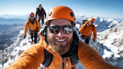 Wallpaper Mural A climber takes a selfie with friends at the mountain summit, embodying the triumph of teamwork and the sheer joy of conquering nature's challenges together. Torontodigital.ca