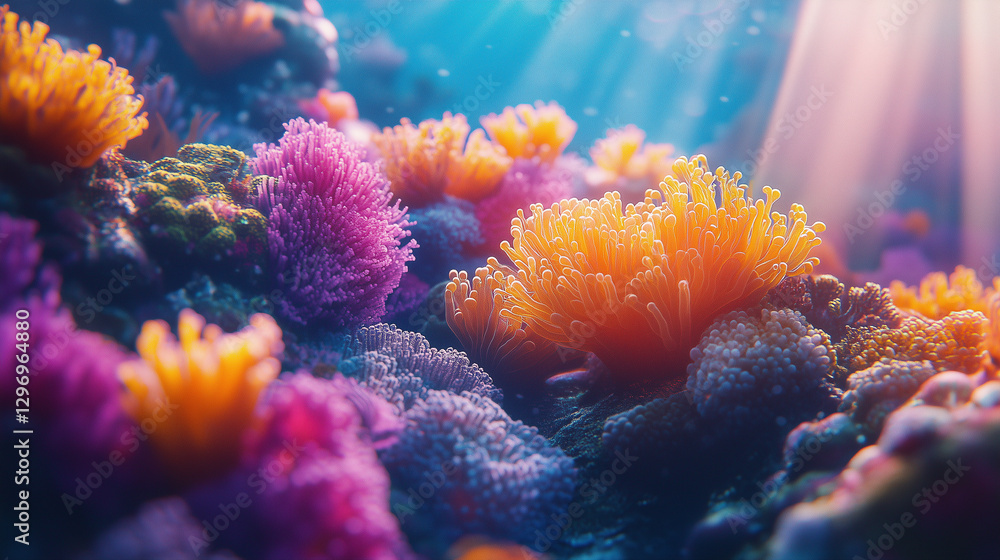 Naklejka premium A vibrant underwater colorfull acid coral reef close up.Generated AI.