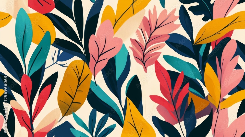 Colorful abstract leaf pattern with vibrant pink yellow blue and green foliage