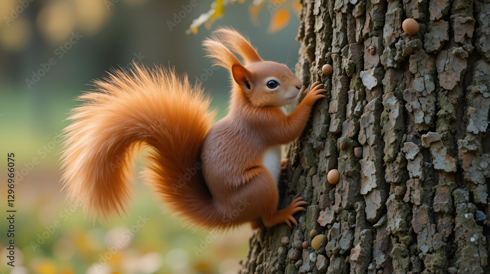 A cute red squirrel with a fluffy tail scurries up a tree in the park, searching for autumn nuts A cute red squirrel with a fluffy tail scurries up a tree in the park, searching for autumn nuts