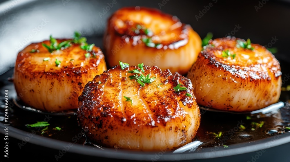 Perfectly seared scallops garnished with fresh herbs, served in a stylish format, showcasing the artistry and craftsmanship of gourmet seafood preparation. Perfectly seared scallops garnished with fresh herbs, served in a stylish format, showcasing the artistry and craftsmanship of gourmet seafood preparation.