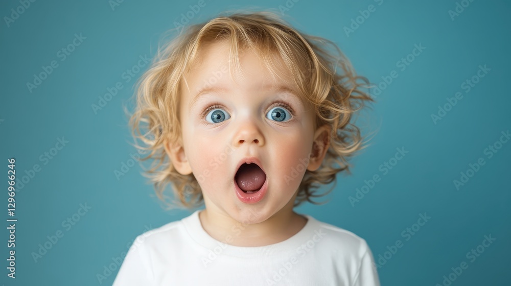 A curly-haired toddler stands in awe, mouth open in surprise against a vibrant backdrop, capturing the essence of wonder and childhood spontaneity. A curly-haired toddler stands in awe, mouth open in surprise against a vibrant backdrop, capturing the essence of wonder and childhood spontaneity.