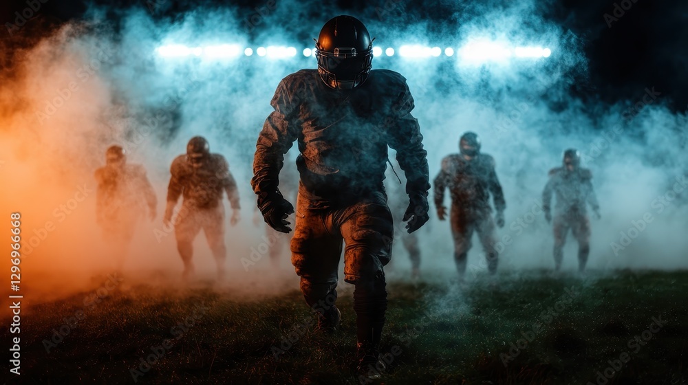 A group of football players advancing through the smoky atmosphere under bright stadium lights, exuding strength, determination, and the true essence of competitive sports. A group of football players advancing through the smoky atmosphere under bright stadium lights, exuding strength, determination, and the true essence of competitive sports.