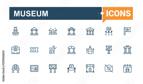 Museum icons. Contains such icons as guide, sculpture, classic, on, expo, paint, history and more. Thin outline icons pack. Solid line editable stroke. Vector collection.