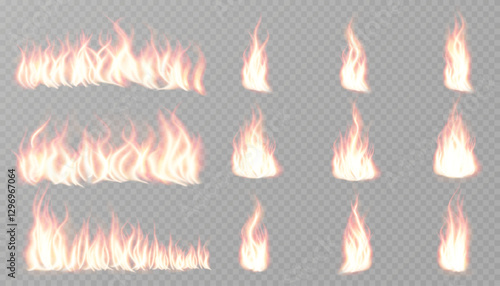 Realistic fire flames with glowing sparks and burning heat effects. High-quality vector illustration featuring translucent fiery blazes, campfire flames, and explosive fire lines on a dark background.