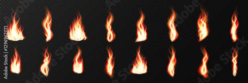 Realistic fire flames with glowing sparks and burning heat effects. High-quality vector illustration featuring translucent fiery blazes, campfire flames, and explosive fire lines on a dark background.