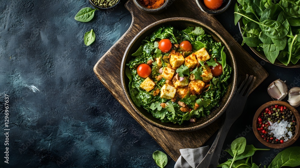 A Rustic Presentation of Creamy Saag Paneer Surrounded by Fresh Ingredients Celebrating the Vibrant Indian Culinary Arts A Rustic Presentation of Creamy Saag Paneer Surrounded by Fresh Ingredients Celebrating the Vibrant Indian Culinary Arts