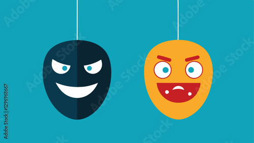 The Mask of Investing Two masks one representing fear a scared expression and the other representing greed a gleeful expression hanging side by side showcasing the duality of