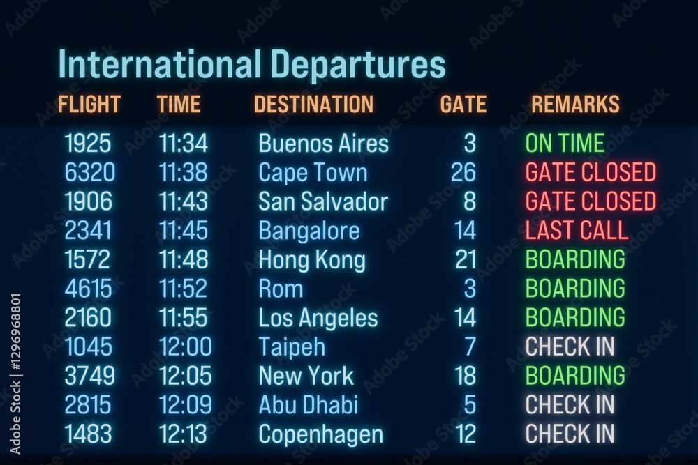 Obraz premium Airport flight table, departure board. Flights check in, baording, last call, gate closed. Airport, travel information, tourism, business, device screen, travel destianation. 3D illustration