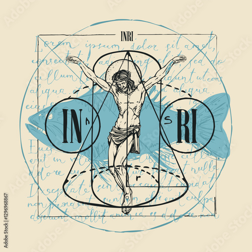 Abstract hand-drawn banner with Jesus Christ, fish and geometric figures on the background of handwritten text lorem ipsum. Religious illustration with a crucifix on old paper in retro style