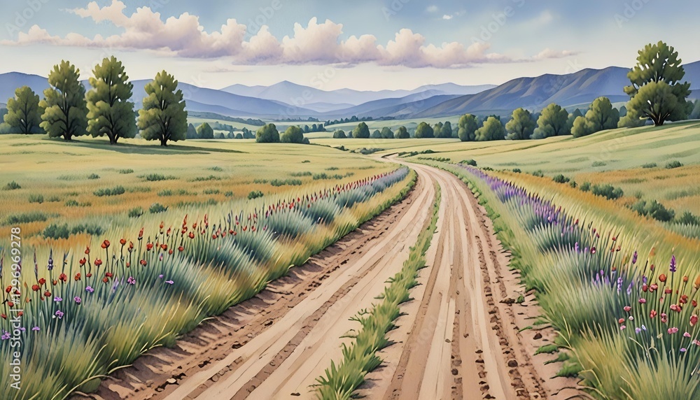 Fototapeta premium Serene Dirt Road Through a Pastel Watercolor Meadow