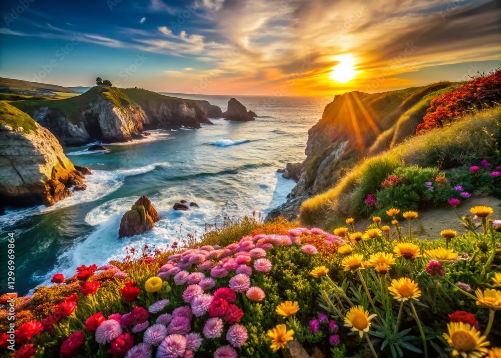 Wildflowers Blooming on Rocky Coastal Cliffs, Dramatic Ocean View Wildflowers Blooming on Rocky Coastal Cliffs, Dramatic Ocean View