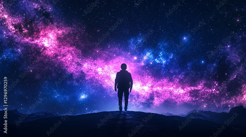 Fototapeta premium Back of silhouette of ethereal human soul floating in deep space against vibrant nebula, symbolizing spiritual awakening, cosmic journey, self-discovery, and higher consciousness.