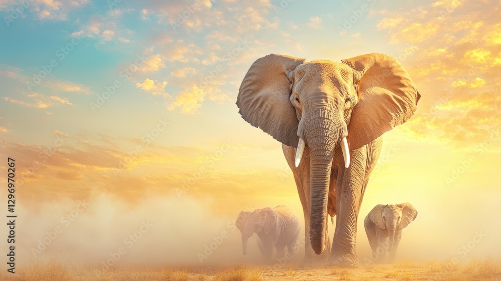 Obraz premium Majestic Elephants at Sunset: A family of elephants gracefully walks towards the camera, silhouetted against a vibrant sunset sky, creating a breathtaking spectacle of nature's grandeur.