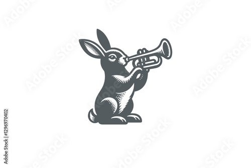 The hare rabbit plays the trumpet trombone. Vintage black and white vector engraving illustration. Emblem, logo, print
