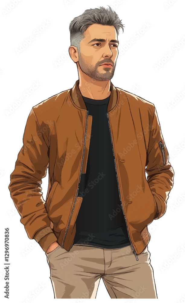 Obraz premium a man in a brown jacket is standing with his hands on his hipss